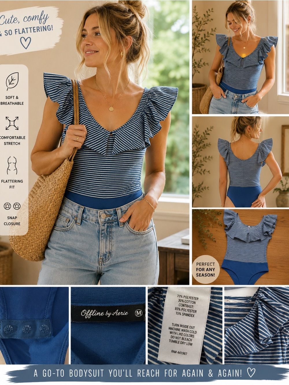 Anna Grace Blue Striped Ruffle V‑Neck Bodysuit